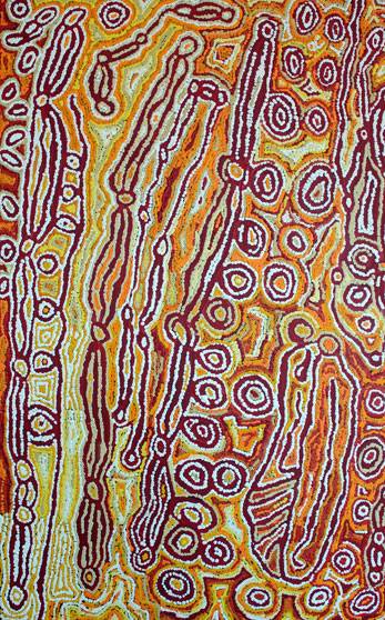 Australian Indigenous (Aboriginal and Torres Strait Islander) artwork by MAGDA NAKAMARRA CURTIS of Warlukurlangu Artists (Yuendumu). The title is Lappi Lappi Jukurrpa (Lappi Lappi Dreaming). [847/12ny] (Acrylic on Belgian Linen)