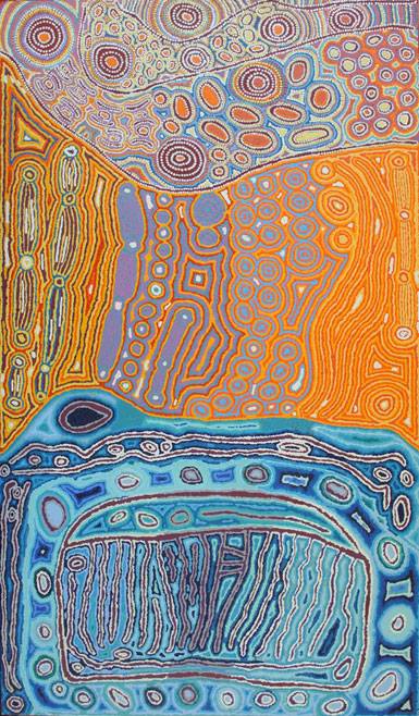 Australian Indigenous (Aboriginal and Torres Strait Islander) artwork by VARIOUS WARLUKURLANGU ARTISTS (COLLABORATIVE) of Warlukurlangu Artists (Yuendumu). The title is Lappi Lappi Jukurrpa (Lappi Lappi Dreaming). [985/12ny - (1-3)] (Acrylic on Belgian Linen)