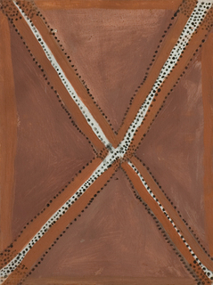 Australian Indigenous (Aboriginal and Torres Strait Islander) artwork by MICK JAWALJI of Warmun Artists. The title is Layarrlayarrngarriwan. [WAC 506/08] (Natural Ochre and Pigments on Board)