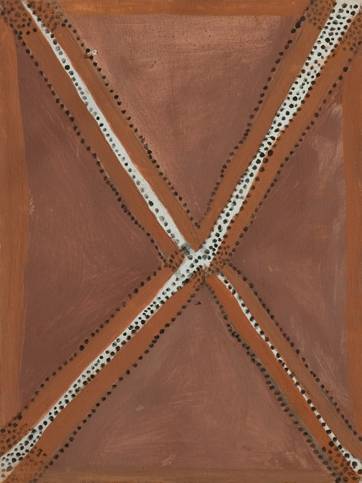 Australian Indigenous (Aboriginal and Torres Strait Islander) artwork by MICK JAWALJI of Warmun Artists. The title is Layarrlayarrngarriwan. [WAC 506/08] (Natural Ochre and Pigments on Board)