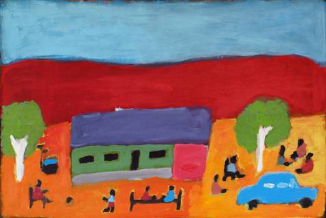 Australian Indigenous (Aboriginal and Torres Strait Islander) artwork by SALLY MAUREEN MULDA of Tangentyere Artists. The title is Life at Little Sisters. [TAMM10C3958] (Acrylic on Canvas)