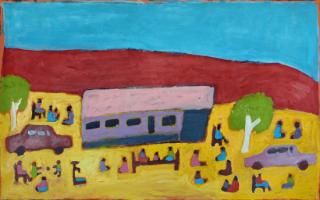 Australian Indigenous (Aboriginal and Torres Strait Islander) artwork by SALLY MAUREEN MULDA of Tangentyere Artists. The title is Life at Little Sisters – Inarlenge. [TAMM10C3978] (Acrylic on Canvas)