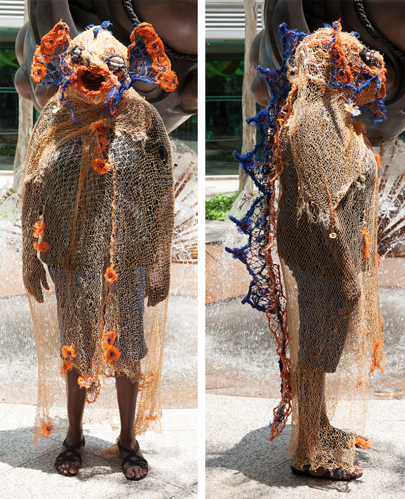Australian Indigenous (Aboriginal and Torres Strait Islander) artwork by MARION GAEMERS of Miscellaneous Artists. The title is Life-sized Costume. [MG_2015_07] (Ghost Nets over Wrapped Chicken Wire, Rope & Twine)