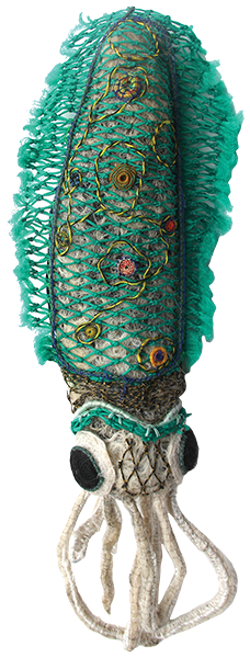 Australian Indigenous (Aboriginal and Torres Strait Islander) artwork by RACY OUI-PITT of Erub Erwer Meta. The title is Lilly. [16-136] (Ghost Nets, Plastic Trellis, Rope & Twine)