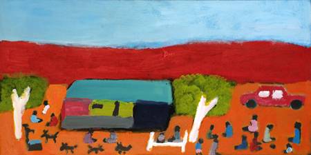 Australian Indigenous (Aboriginal and Torres Strait Islander) artwork by SALLY MAUREEN MULDA of Tangentyere Artists. The title is Little Sisters Town Camp Life. [TAMM09C3656] (Acrylic on Canvas)