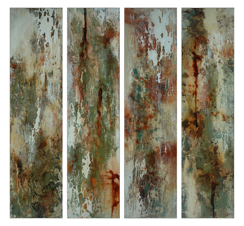 Australian Indigenous (Aboriginal and Torres Strait Islander) artwork by DAVID KELLY of Miscellaneous Artists. The title is Long Gully - Tetraptych. [DK1304007a-d] (Oil & Acrylic on Board)