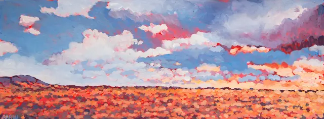 Australian Indigenous (Aboriginal and Torres Strait Islander) artwork by SARAH BROWN of Miscellaneous Artists. The title is Long Kintore Evening. [SB201610044] (Acrylic on Cardboard)