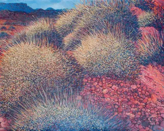 Australian Indigenous (Aboriginal and Torres Strait Islander) artwork by SARAH BROWN of Miscellaneous Artists. The title is Looking towards Ntaria. [SB201610002] (Acrylic on Belgian Linen)