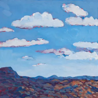 Australian Indigenous (Aboriginal and Torres Strait Islander) artwork by SARAH BROWN of Miscellaneous Artists. The title is Lovely Clouds. [SB201610034] (Acrylic on Gesso Board)