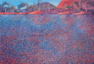 Australian Indigenous (Aboriginal and Torres Strait Islander) artwork by SARAH BROWN of Miscellaneous Artists. The title is Lovely One. [SB201610007] (Acrylic on Belgian Linen)