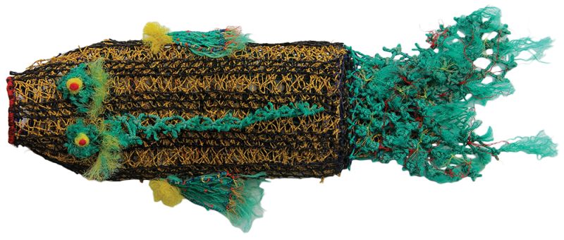 Australian Indigenous (Aboriginal and Torres Strait Islander) artwork by LAVINIA KETCHELL of Erub Erwer Meta. The title is Lucy. [15-102] (Ghost Nets & Twine over Mesh Frame)