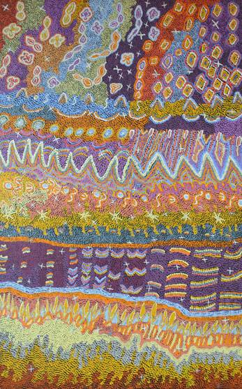 Australian Indigenous (Aboriginal and Torres Strait Islander) artwork by VALERIE NAPURRURLA MORRIS of Warlukurlangu Artists (Yuendumu). The title is Lukarrara Jukurrpa (Desert Fringe-rush Seed Dreaming). [760/12ny] (Acrylic on Belgian Linen)