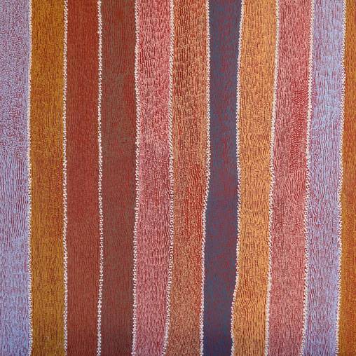 Australian Indigenous (Aboriginal and Torres Strait Islander) artwork by VALERIE NAPURRURLA MORRIS of Warlukurlangu Artists (Yuendumu). The title is Lukarrara Jukurrpa (Desert Fringe-rush Seed Dreaming). [286/12ny] (Acrylic on Belgian Linen)