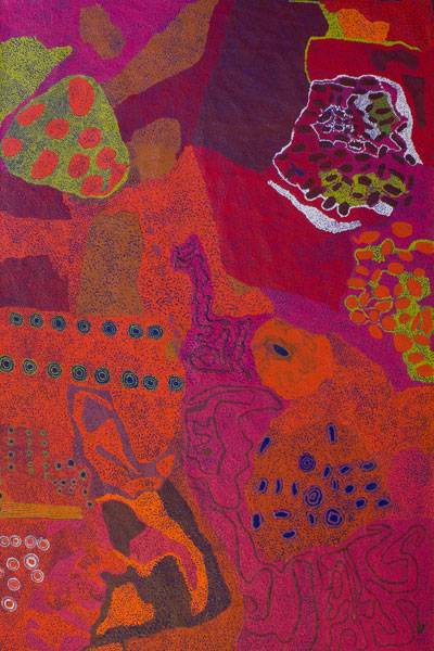 Australian Indigenous (Aboriginal and Torres Strait Islander) artwork by GINGER WIKILYIRI of Tjungu Palya Artists. The title is Lukupupu (Ant Lion). [13344] (Acrylic on Linen)