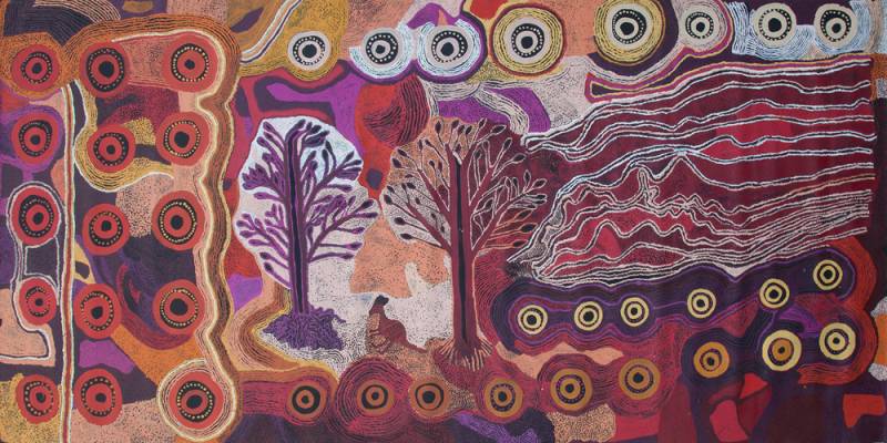 Australian Indigenous (Aboriginal and Torres Strait Islander) artwork by GINGER WIKILYIRI of Tjungu Palya Artists. The title is Lukupupu Tjukurpa. [19-007] (Synthetic Polymer on Linen)