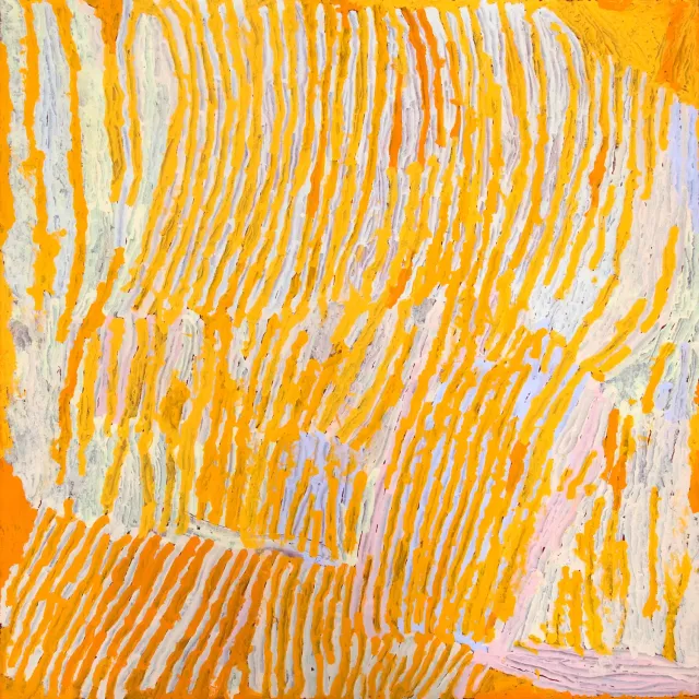 Australian Indigenous (Aboriginal and Torres Strait Islander) artwork by MAKINTI NAPANANGKA of Papunya Tula Artists. The title is Lupulnga. [MN0902069] (Acrylic on Belgian Linen)