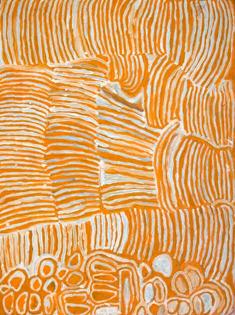 Australian Indigenous (Aboriginal and Torres Strait Islander) artwork by MAKINTI NAPANANGKA of Papunya Tula Artists. The title is Lupulnga. [MN0102051] (Acrylic on Belgian Linen)