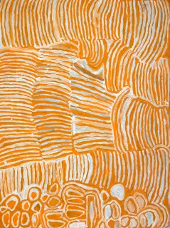 Australian Indigenous (Aboriginal and Torres Strait Islander) artwork by MAKINTI NAPANANGKA of Papunya Tula Artists. The title is Lupulnga. [MN0102051] (Acrylic on Belgian Linen)