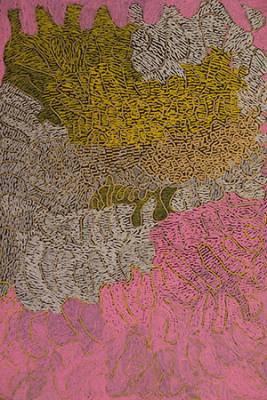 Australian Indigenous (Aboriginal and Torres Strait Islander) artwork by NGARRALJA TOMMY MAY of Mangkaja Artists. The title is Lurrdurd, Jila Ngapa. [4/15] (Atelier Acrylic Paint on Plywood)