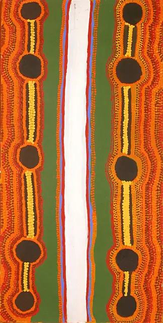 Australian Indigenous (Aboriginal and Torres Strait Islander) artwork by BILL DOONDAY of Warlayirti Artists (Balgo). The title is Mungai. [381/04] (Acrylic on Canvas)