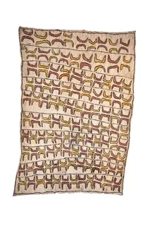 Australian Indigenous (Aboriginal and Torres Strait Islander) artwork by ELIZABETH GUHO (OWKEJA) of Omie Artists. The title is Mahudan’e – Pig’s Tusks (Traditional Ömie Wealth). [OM10-085] (Natural Pigments on Nioge (Barkcloth))