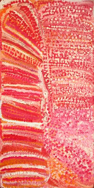 Australian Indigenous (Aboriginal and Torres Strait Islander) artwork by EUBENA NAMPITJIN of Warlayirti Artists (Balgo). The title is Midjul. [38/08] (Acrylic on Linen)
