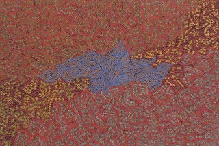 Australian Indigenous (Aboriginal and Torres Strait Islander) artwork by EVA NARGOODAH of Mangkaja Artists. The title is Mungu Waterhole. [180/15] (Atelier Acrylic Paint on 14oz Canvas)