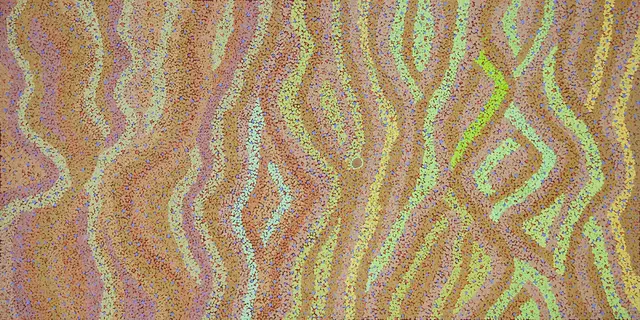 Australian Indigenous (Aboriginal and Torres Strait Islander) artwork by GERALDINE NOWEE of Warlayirti Artists (Balgo). The title is Minyilpa. [320/15] (Acrylic on Linen)