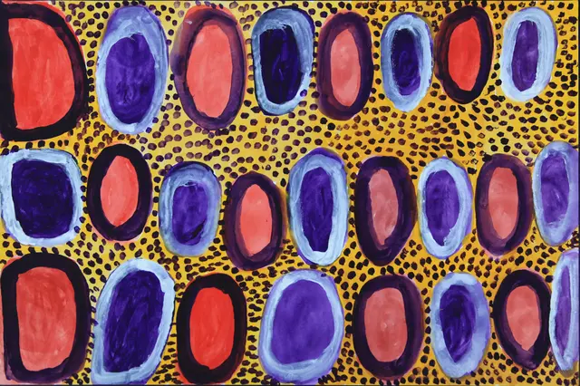 Australian Indigenous (Aboriginal and Torres Strait Islander) artwork by JANANGOO BUTCHER CHEREL of Mangkaja Artists. The title is Manyi (Bush Food). [828/07] (Acrylic Gouache on 100% Cotton Rag, 300gsm)