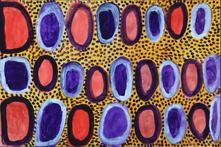 Australian Indigenous (Aboriginal and Torres Strait Islander) artwork by JANANGOO BUTCHER CHEREL of Mangkaja Artists. The title is Manyi (Bush Food). [828/07] (Acrylic Gouache on 100% Cotton Rag, 300gsm)