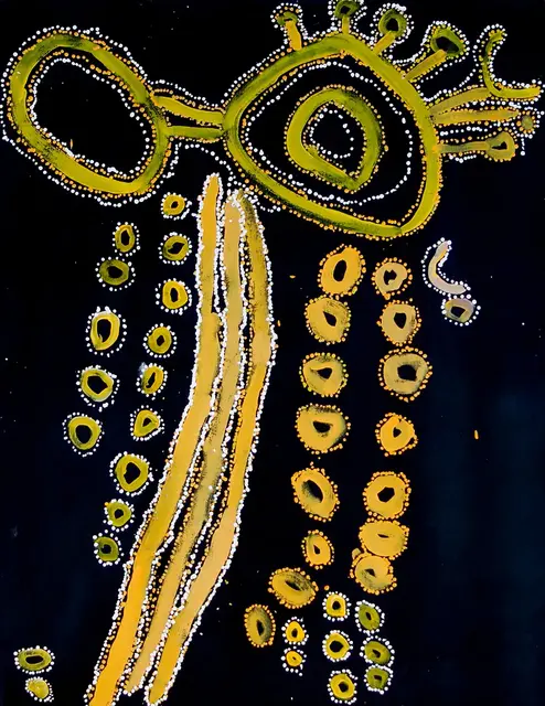 Australian Indigenous (Aboriginal and Torres Strait Islander) artwork by LAWRENCE PENNINGTON of Spinifex Artists. The title is Mituna. [15-30] (Acrylic on Linen)