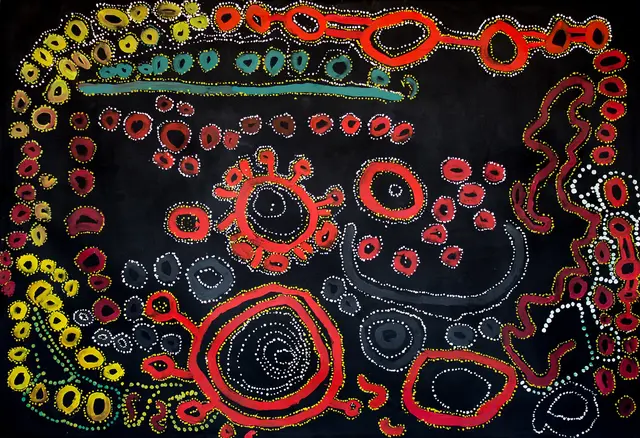 Australian Indigenous (Aboriginal and Torres Strait Islander) artwork by LAWRENCE PENNINGTON of Spinifex Artists. The title is Mituna. [15-223] (Acrylic on Linen)