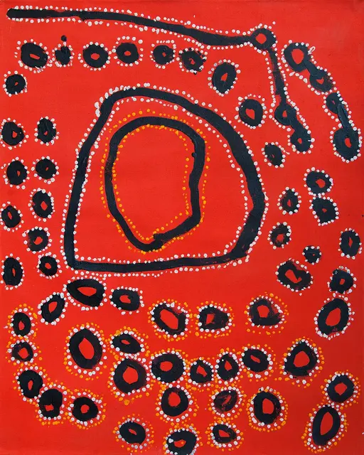 Australian Indigenous (Aboriginal and Torres Strait Islander) artwork by LAWRENCE PENNINGTON of Spinifex Artists. The title is Mituna. [15-116] (Acrylic on Linen)