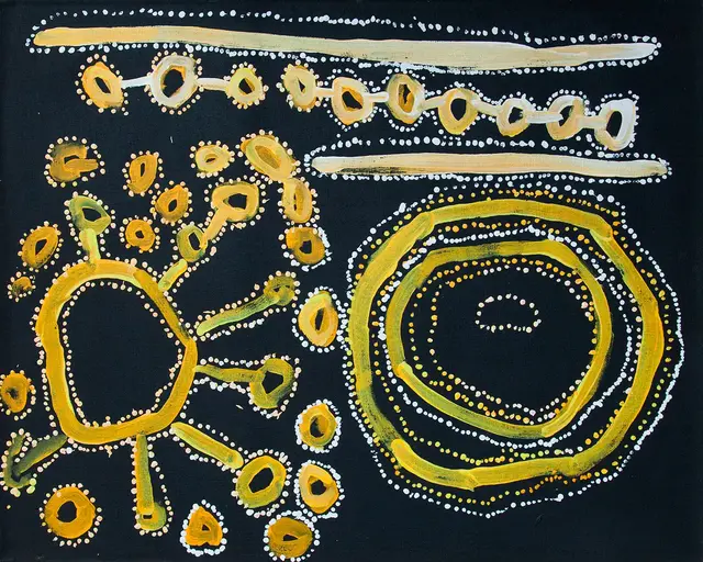 Australian Indigenous (Aboriginal and Torres Strait Islander) artwork by LAWRENCE PENNINGTON of Spinifex Artists. The title is Mituna. [15-145] (Acrylic on Linen)