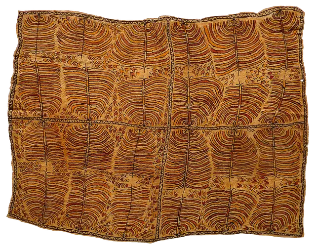 Australian Indigenous (Aboriginal and Torres Strait Islander) artwork by MARTHA-JEAN UHAMO (DOGARINE) of Omie Artists. The title is Misai – Misajé Clan Emblem of the River Plant. [OM12-016] (Natural Pigments on Nioge (Woman’s Barkcloth Skirt))
