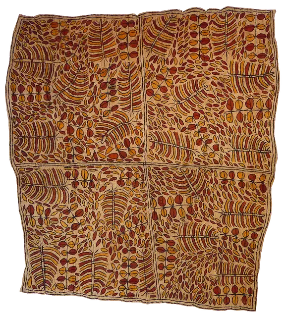 Australian Indigenous (Aboriginal and Torres Strait Islander) artwork by MARTHA-JEAN UHAMO (DOGARINE) of Omie Artists. The title is Misai ohu’o Samwé han’e – Misajé clan emblem of the river plant and leaves of the Samwé tree. [15-082] (Natural Pigments on Nioge (Barkcloth))