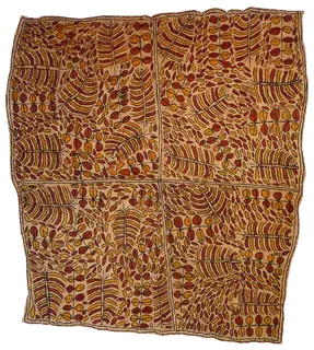 Australian Indigenous (Aboriginal and Torres Strait Islander) artwork by MARTHA-JEAN UHAMO (DOGARINE) of Omie Artists. The title is Misai ohu’o Samwé han’e – Misajé clan emblem of the river plant and leaves of the Samwé tree. [15-082] (Natural Pigments on Nioge (Barkcloth))