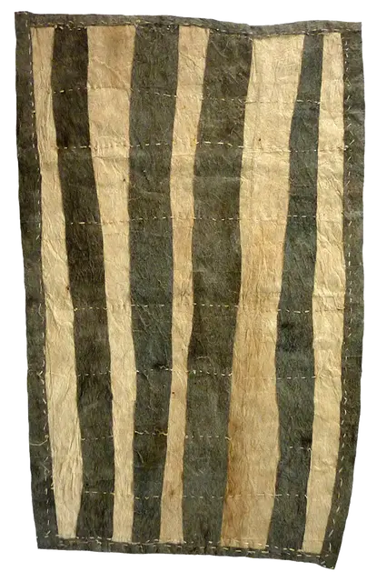 Australian Indigenous (Aboriginal and Torres Strait Islander) artwork by SARAH UGIBARI of Omie Artists. The title is Maijaro I’e Hö’oje – Morning Rays of the Sun Shining Down on the Forest. [OM12-001] (Sihoti’e Taliobamë’e - Appliquéd Mud-Dyed Barkcloth)