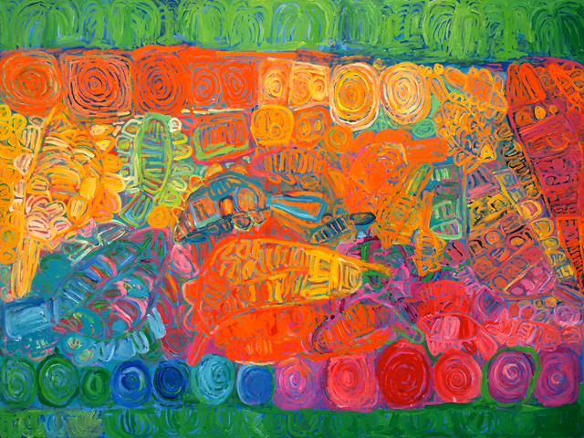 Australian Indigenous (Aboriginal and Torres Strait Islander) artwork by SONIA KURARRA of Mangkaja Artists. The title is Martuwarra. [7/12] (Atelier Acrylic Paint on 14oz Canvas)