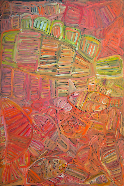 Australian Indigenous (Aboriginal and Torres Strait Islander) artwork by SONIA KURARRA of Mangkaja Artists. The title is Martuwarra. [6/13] (Atelier Acrylic Paint on 14oz Canvas)