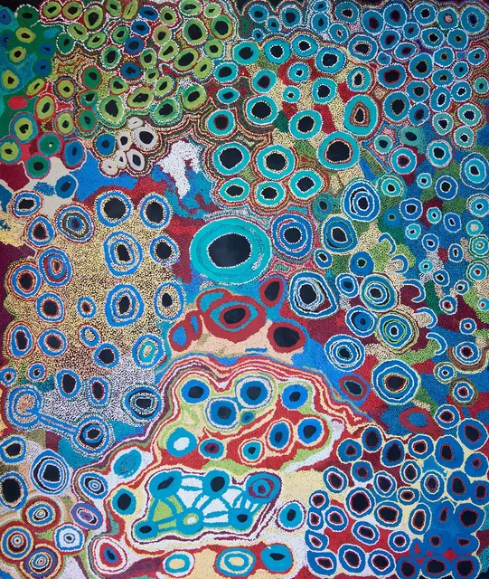 Australian Indigenous (Aboriginal and Torres Strait Islander) artwork by VARIOUS SPINIFEX ARTISTS (COLLABORATIVE) of Spinifex Artists. The title is Minyma Tjuta. [14008] (Acrylic on Linen)