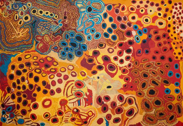 Australian Indigenous (Aboriginal and Torres Strait Islander) artwork by VARIOUS SPINIFEX ARTISTS (COLLABORATIVE) of Spinifex Artists. The title is Minyma Tjuta. [15-206] (Acrylic on Linen)