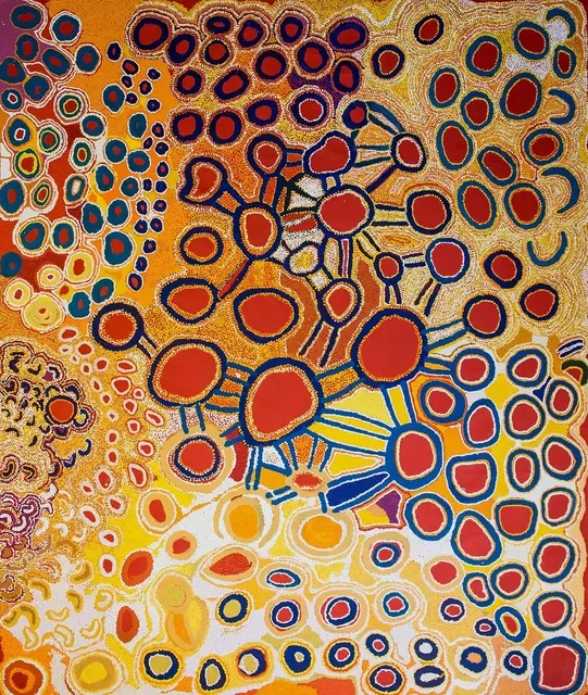 Australian Indigenous (Aboriginal and Torres Strait Islander) artwork by VARIOUS SPINIFEX ARTISTS (COLLABORATIVE) of Spinifex Artists. The title is Minyma Tjuta. [13198] (Acrylic on Linen)