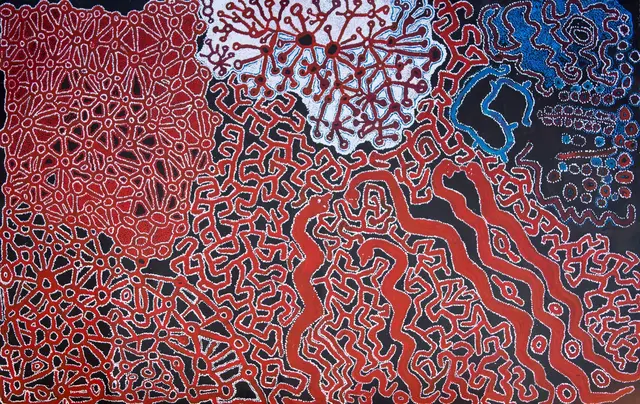 Australian Indigenous (Aboriginal and Torres Strait Islander) artwork by VARIOUS SPINIFEX ARTISTS (COLLABORATIVE) of Spinifex Artists. The title is Mulaya. [14004] (Acrylic on Canvas)