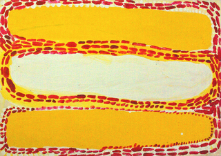 Australian Indigenous (Aboriginal and Torres Strait Islander) artwork by WAKARTU CORY SURPRISE of Mangkaja Artists. The title is Mimpi. [177/13] (Atelier Acrylic, 250gsm Velin Arches Paper)