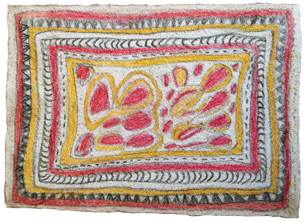 Australian Indigenous (Aboriginal and Torres Strait Islander) artwork by FATE SAVARI (ISAWDI) of Omie Artists. The title is Mag’e, mweje, nenyai, mokojo hwe ahe ohu’o sabu ahe - Taro in the garden, women’s white seashell forehead adornment, markings of the parrot’s feathers and boys chopping tree branches. [14-204] (Pencil and Ink on Paper)