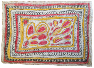 Australian Indigenous (Aboriginal and Torres Strait Islander) artwork by FATE SAVARI (ISAWDI) of Omie Artists. The title is Mag’e, mweje, nenyai, mokojo hwe ahe ohu’o sabu ahe - Taro in the garden, women’s white seashell forehead adornment, markings of the parrot’s feathers and boys chopping tree branches. [14-204] (Pencil and Ink on Paper)