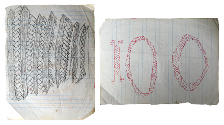 Australian Indigenous (Aboriginal and Torres Strait Islander) artwork by FATE SAVARI (ISAWDI) of Omie Artists. The title is Mahe sor’e - Designs associated with the cutting of the pig for ceremonial feasts & Nuni’e - Design of the eye (and unidentified design). [12-224 (01 & 02)] (Ink on Schoolbook Paper)