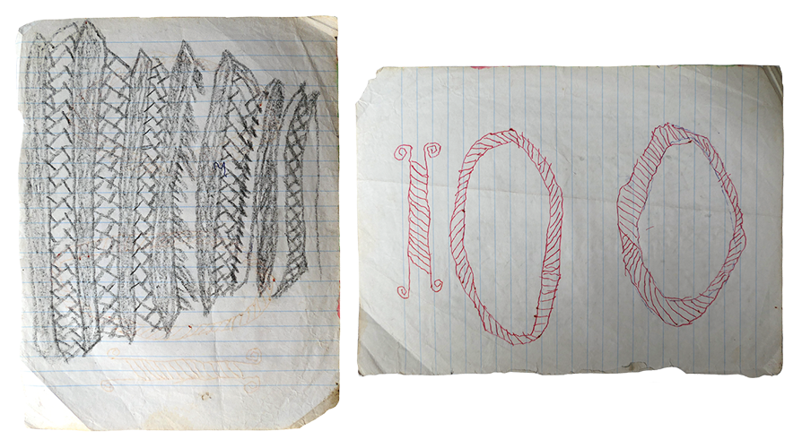 Australian Indigenous (Aboriginal and Torres Strait Islander) artwork by FATE SAVARI (ISAWDI) of Omie Artists. The title is Mahe sor’e - Designs associated with the cutting of the pig for ceremonial feasts & Nuni’e - Design of the eye (and unidentified design). [12-224 (01 & 02)] (Ink on Schoolbook Paper)