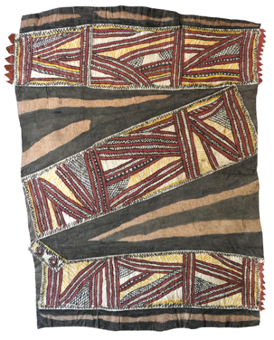 Australian Indigenous (Aboriginal and Torres Strait Islander) artwork by FATE SAVARI (ISAWDI) of Omie Artists. The title is Mahu sin’e (mahu sinö’e, buborianö’e, buboriano’e, mi’ija’ahe, mokojai, nenyai, ije bi’weje, dubi  dubi’e ohu’o sabu deje)  - Ancestor’s pig skin barkcloth (skin of the pig, mud paint, beak of the Papuan Hornbill, animal bones found while digging in the garden, beak of the parrot, women’s woven white shell headband adornment, boys chopping tree branches, leaves of the dubi’e tree and spots of the wood-boring grub). [12-080] (Natural Pigments including Sihoti’e (Mud) on Nioge (Woman’s Barkcloth Skirt))